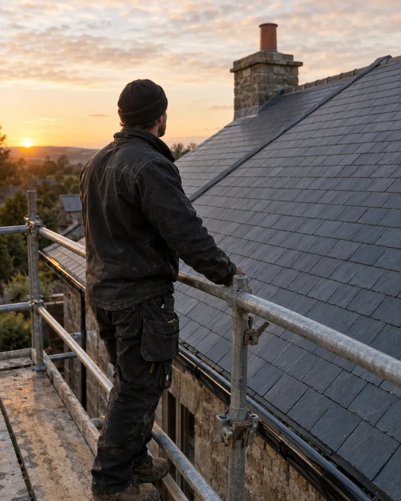 Artisan couvreur sur un échafaudage devant une toiture en ardoise (illustration)