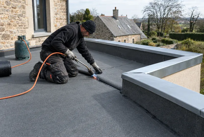 Étanchéité d'une toiture-terrasse par membrane bitumineuse (illustration)
