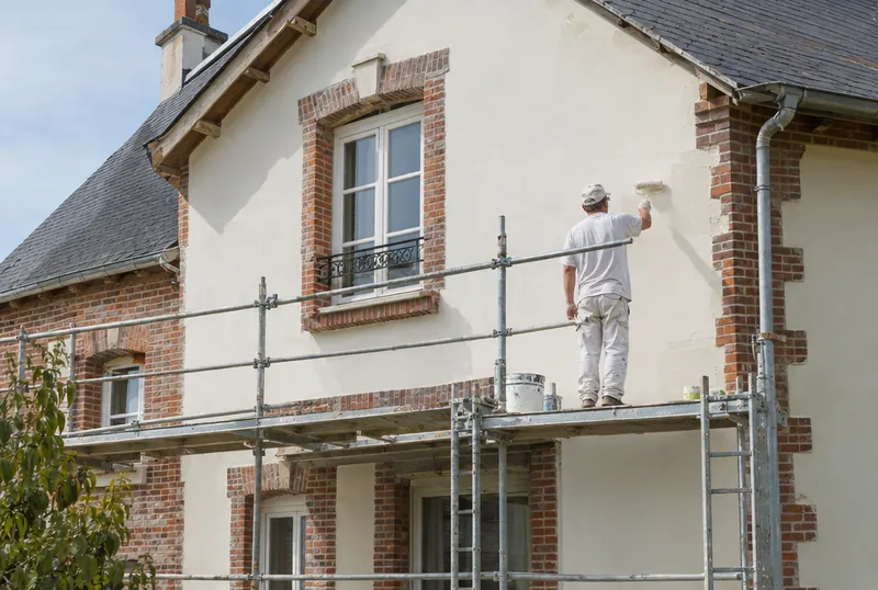 Peinture extérieure d'une façade normande en brique depuis un échafaudage (illustration)